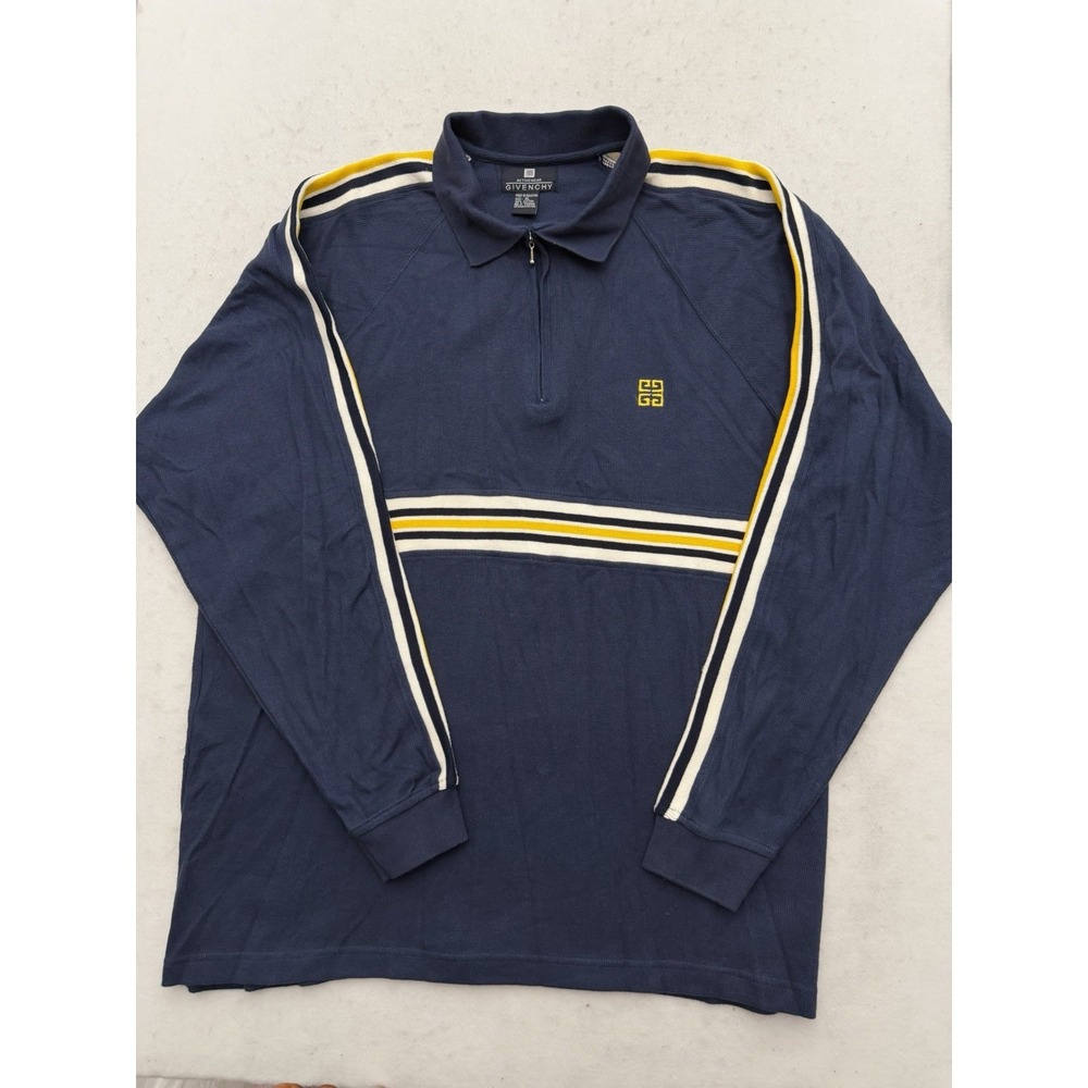 Vintage 90s Givenchy Activewear Pullover Sweatshirt 1/4 Zip Mens XL Blue Striped